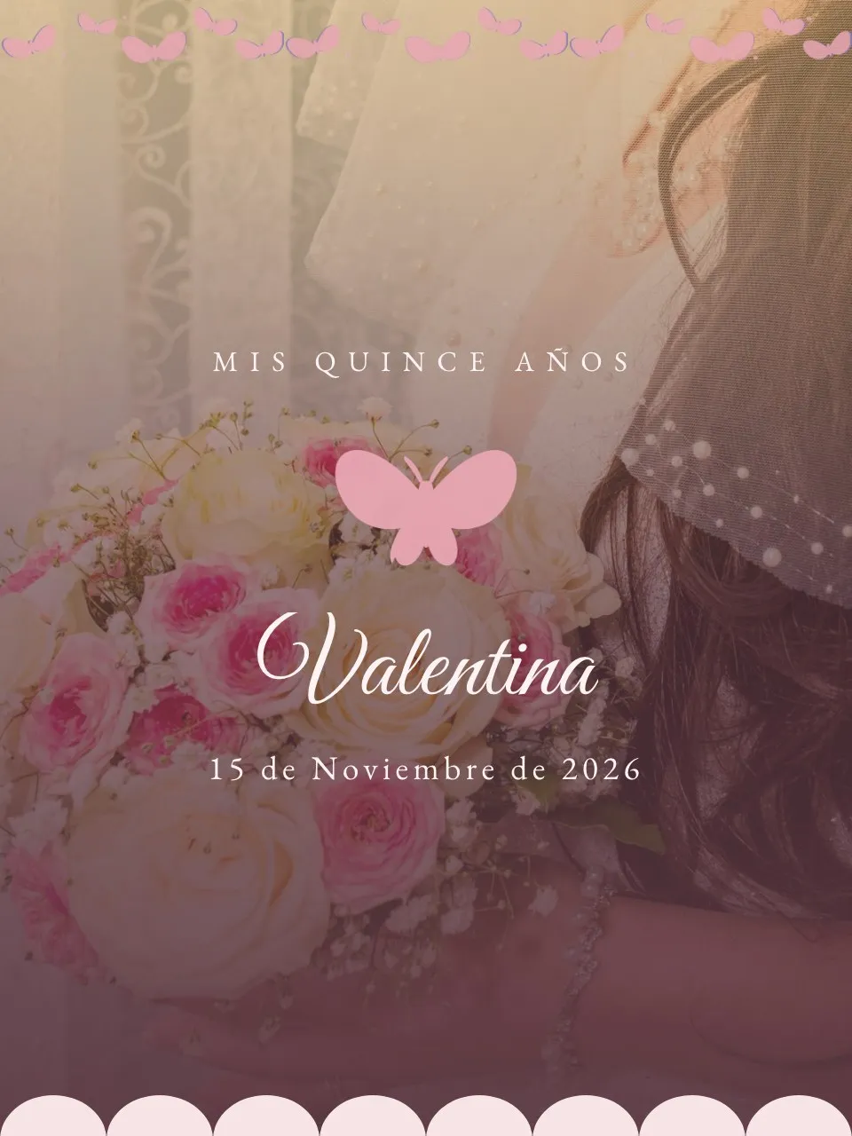Plantilla de invitación XV mariposas rosa y oro